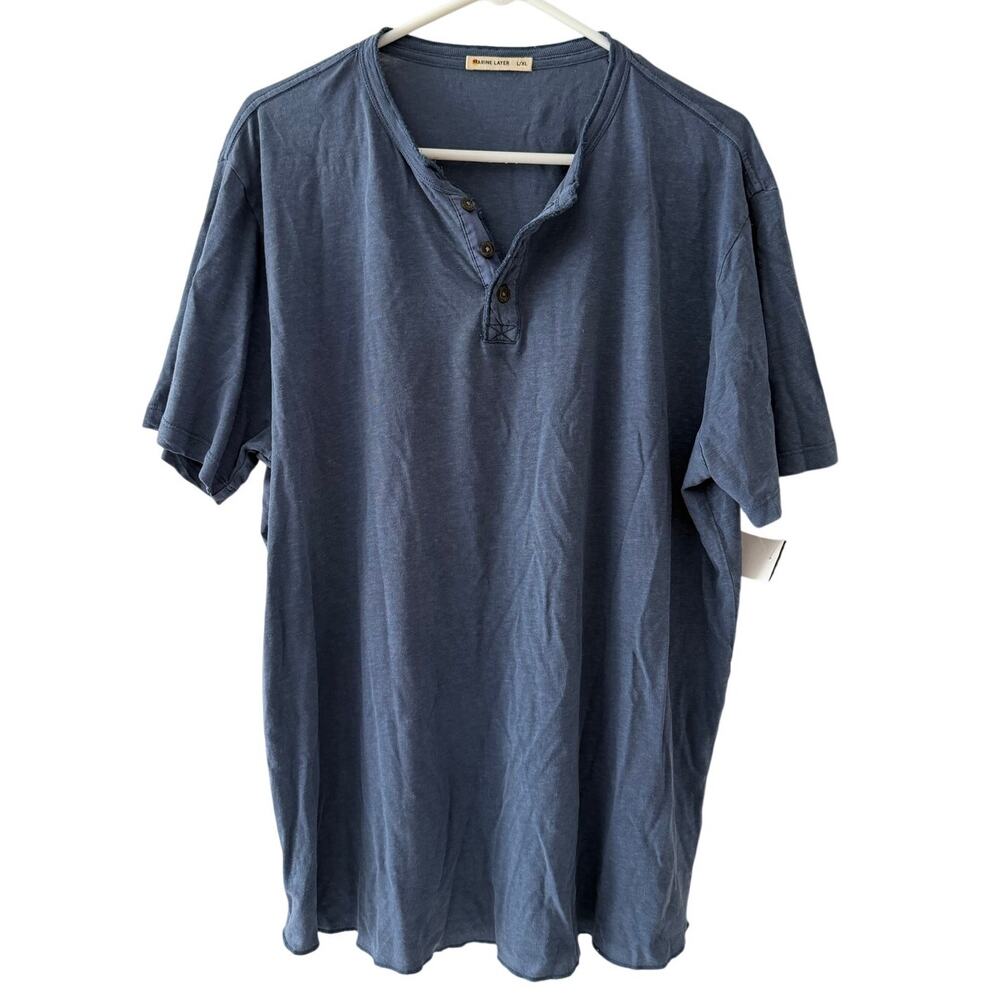 Marine Layer Henley Shirt Mens L/XL Short Sleeved Blue Lightweight 3 Buttons